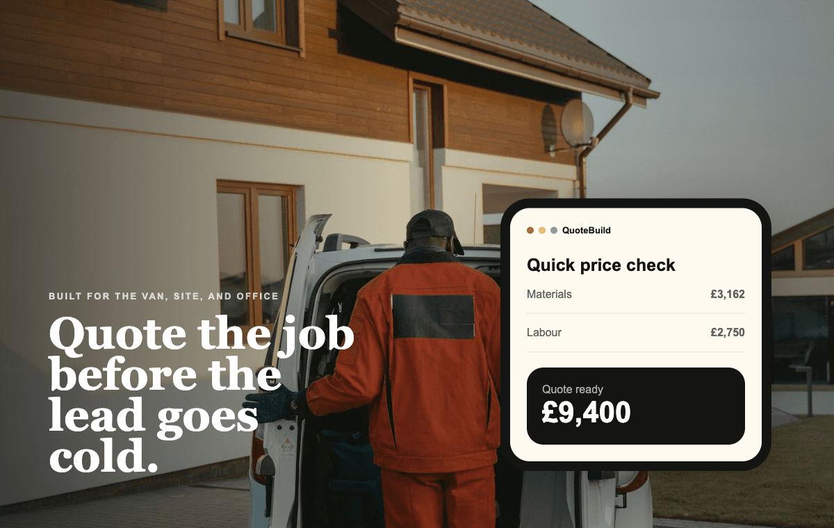 QuoteBuild product view for pricing, quoting, tracking, and invoicing trade jobs