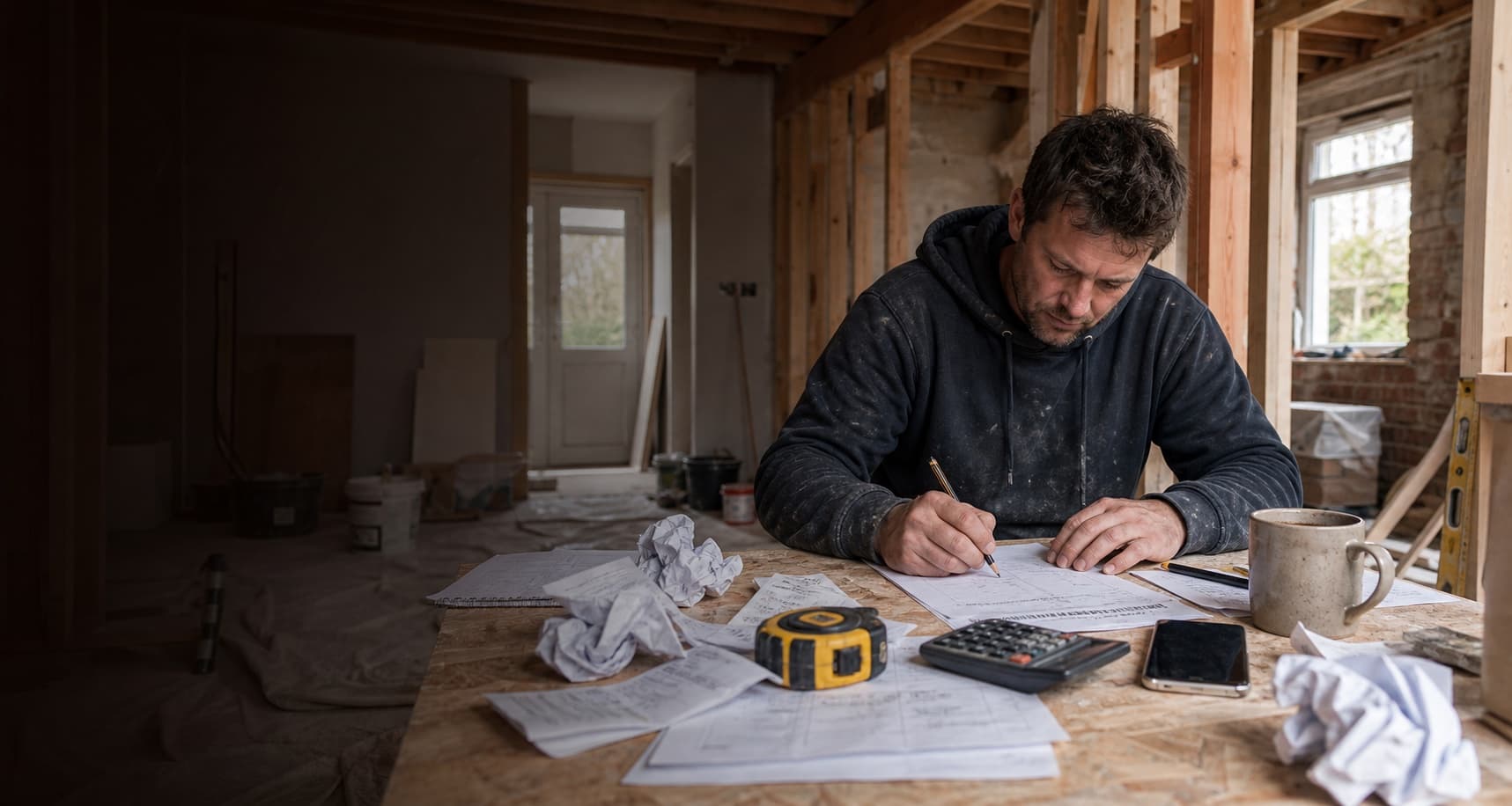 Builder pricing a renovation job on paper with a tape measure and calculator on site