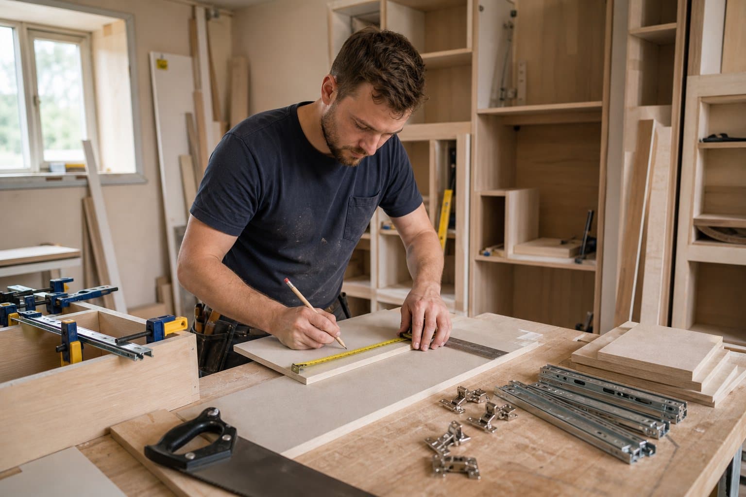 Carpenter checking timber and joinery details before pricing bespoke work