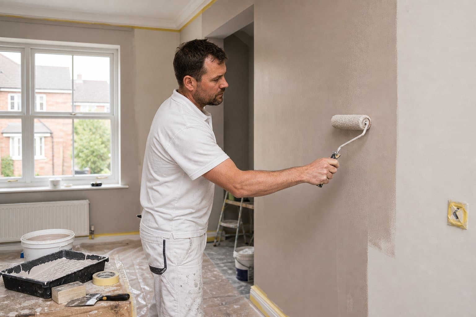 Decorator painting an interior wall before pricing prep, coats, and access