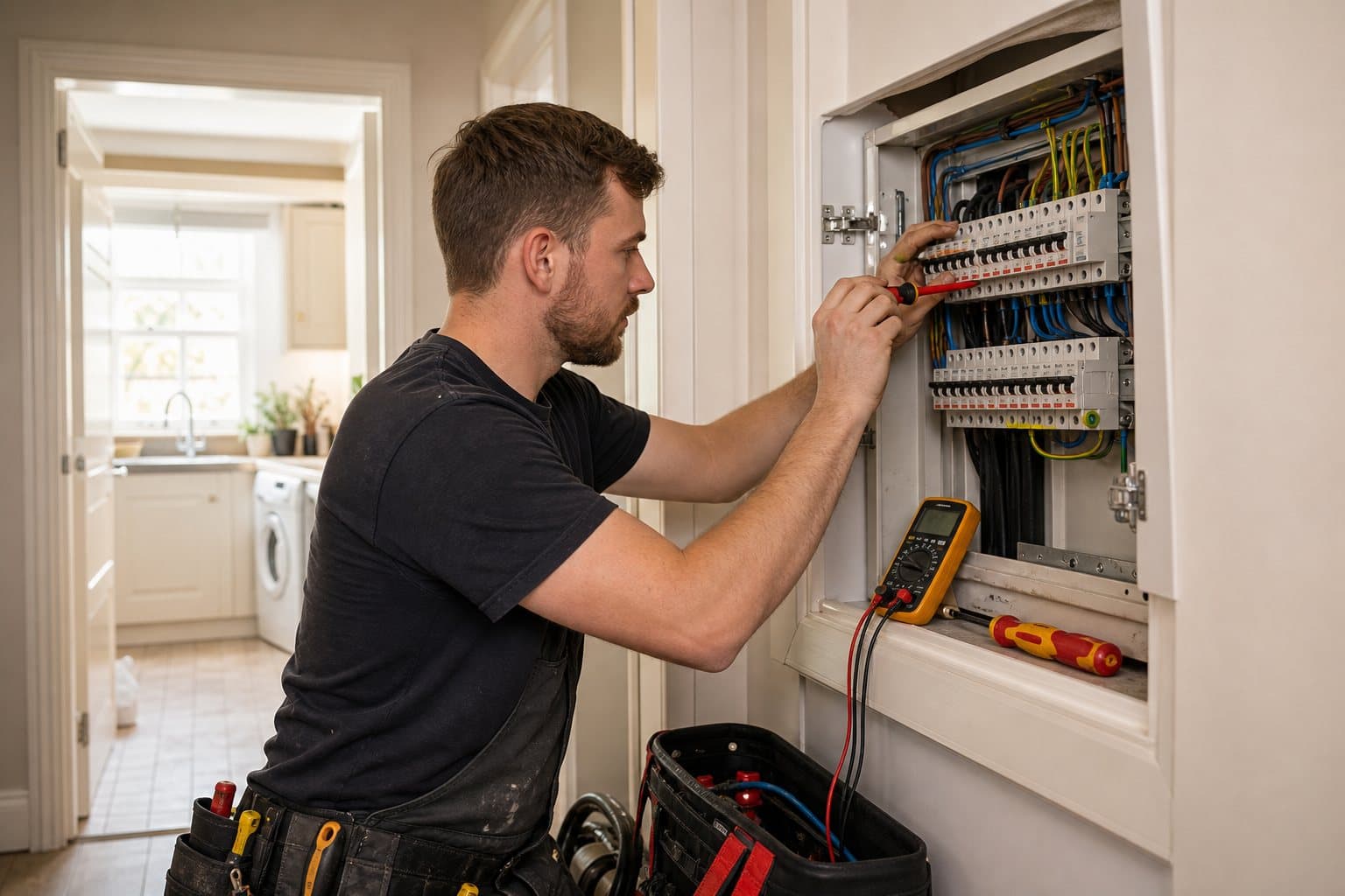 Electrician working on an electrical panel before pricing testing, materials, and remedials