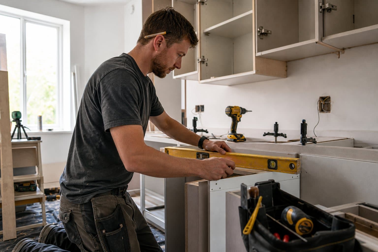 Fitted kitchen cabinets and worktops used to show a kitchen quote structure