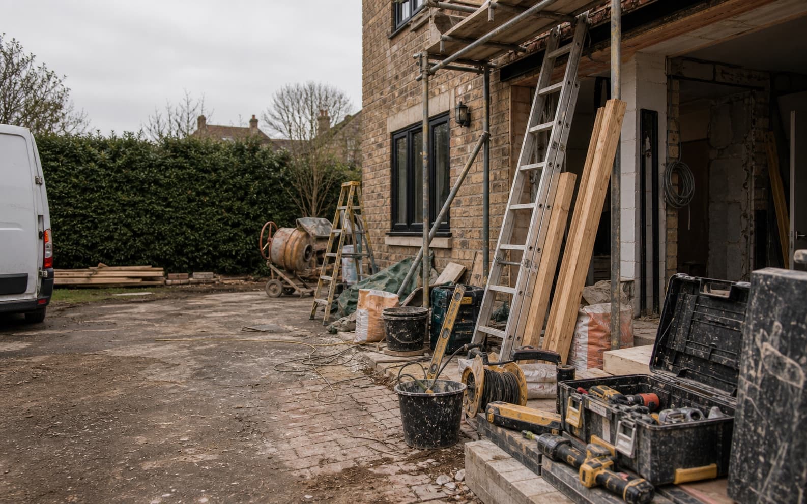 Trade site with ladders, tools, timber, cable reels, and a white van