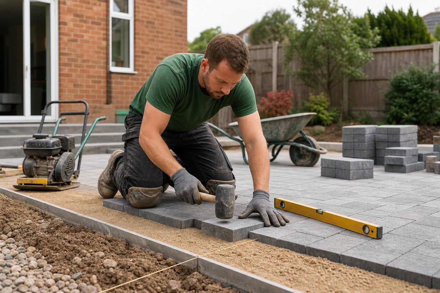 Landscaper laying paving blocks for a patio or driveway quote example
