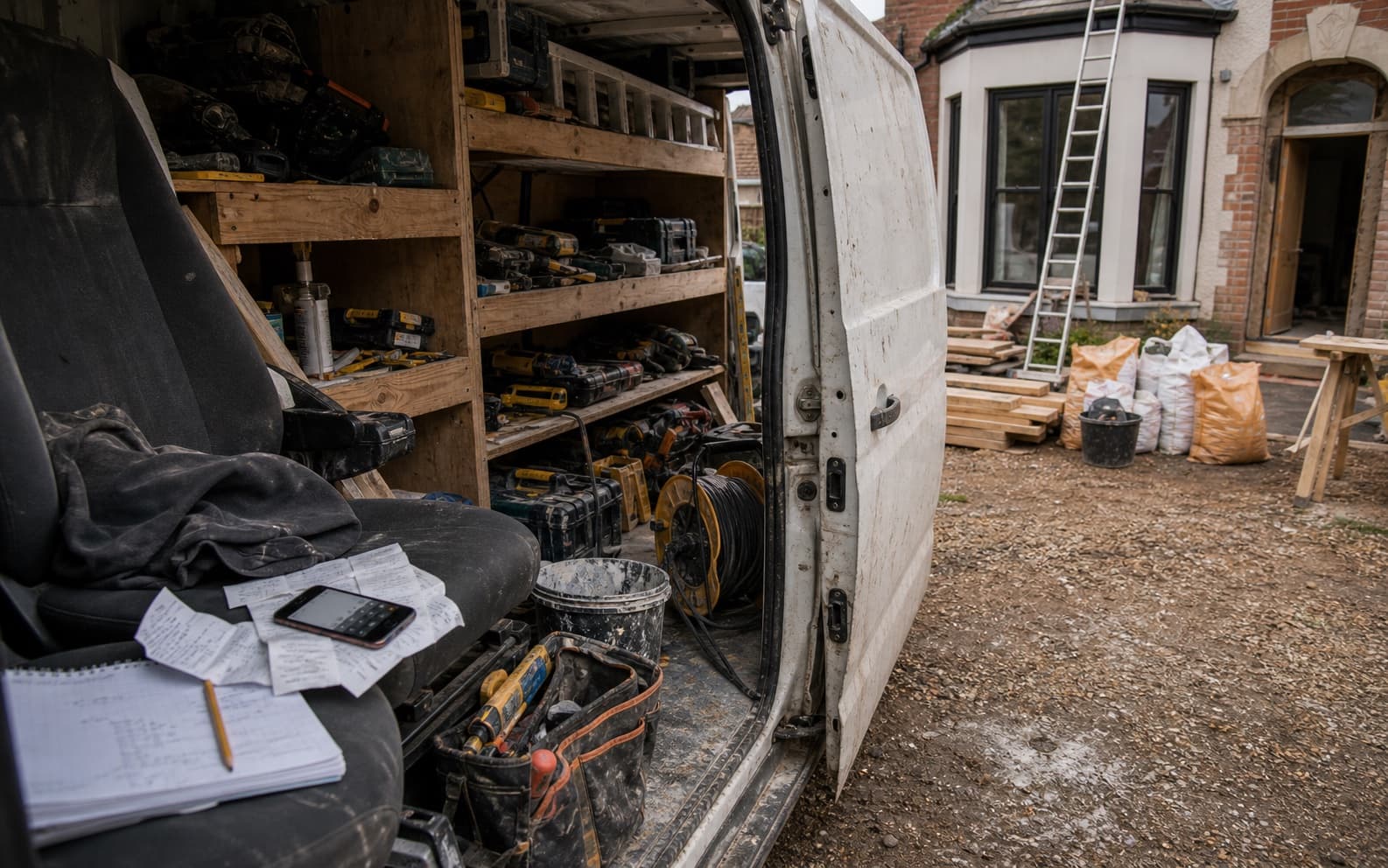 Trade van, tools, receipts, and site notes ready for accurate job pricing