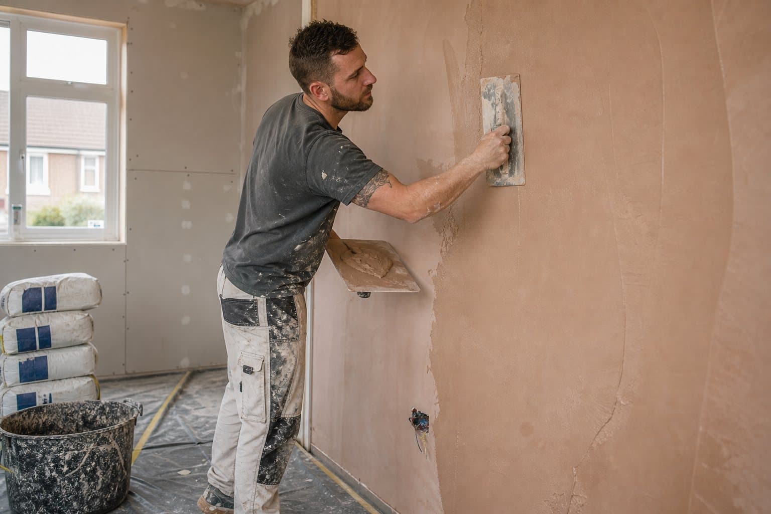 Plasterer skimming a wall before pricing labour, beads, bags, and prep