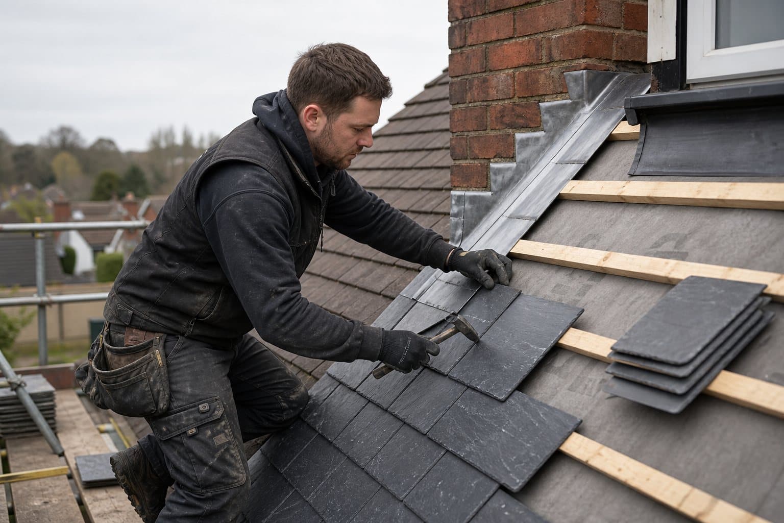 Roofer working on a residential roof before pricing access, labour, and materials
