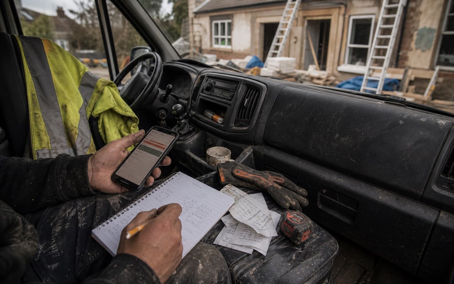 Trade pricing work being checked from a van cab
