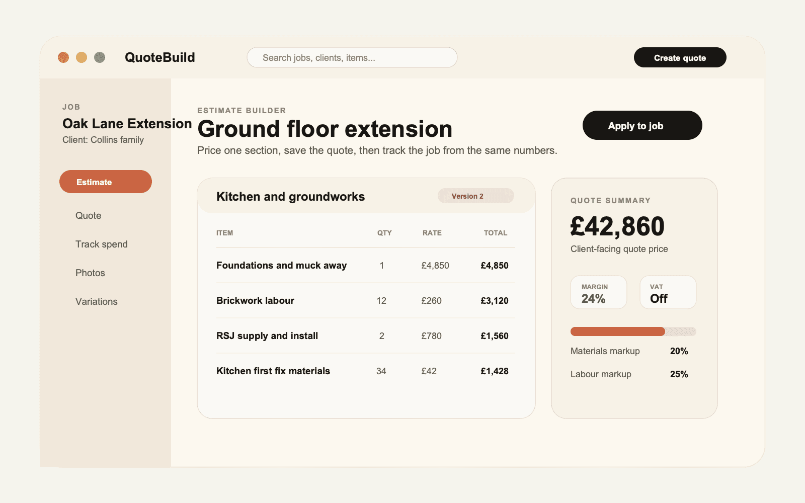 QuoteBuild labour and material estimating screen