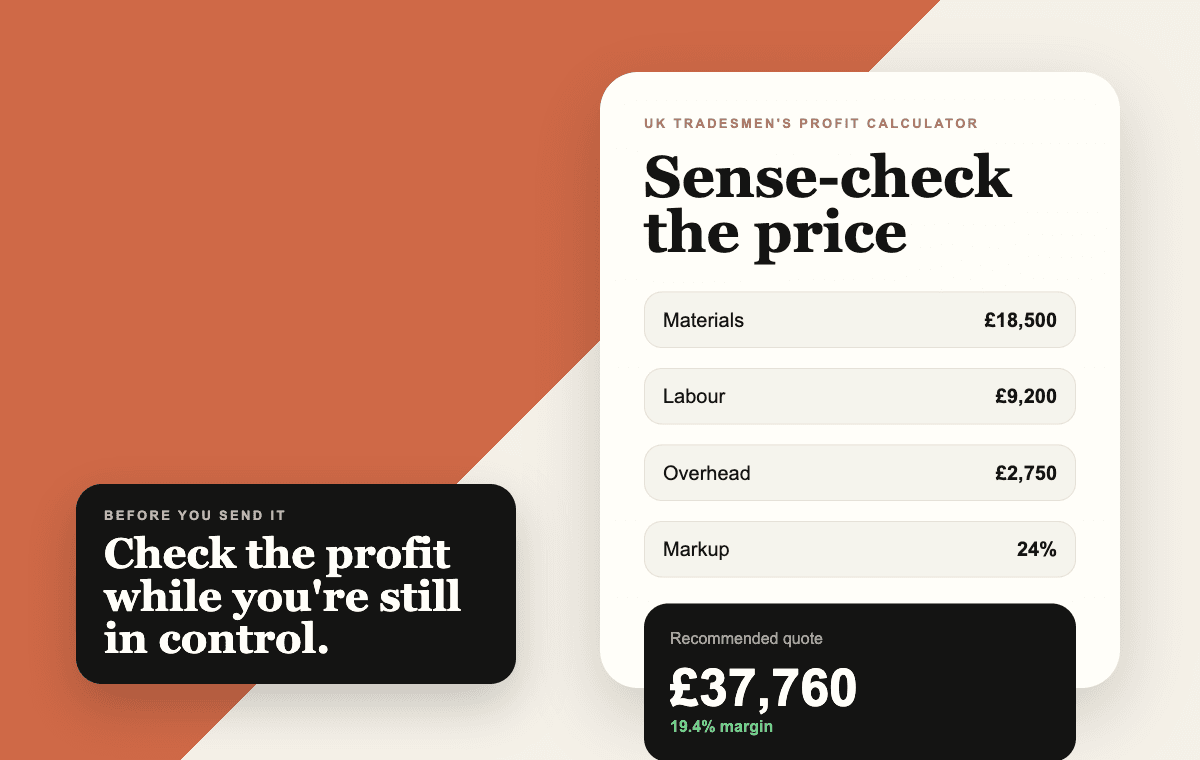 QuoteBuild quote calculator showing labour, materials, markup, VAT, and client total